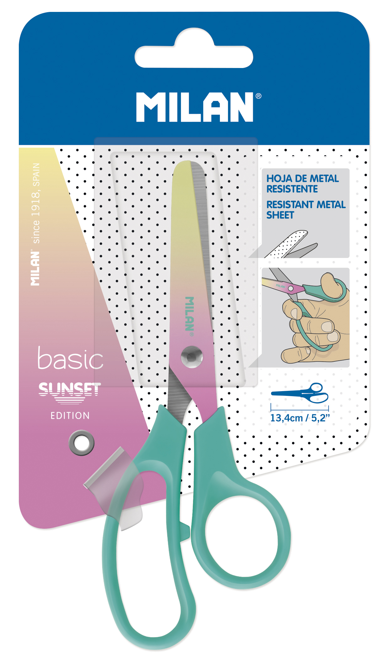 Ножницы канцелярские MILAN Basic Sunset с лезвиями, бирюзовые