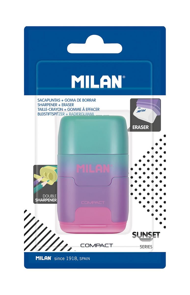Точилка MILAN Compact Sunset двойная пластиковая с ластиком, сиренево-розовая