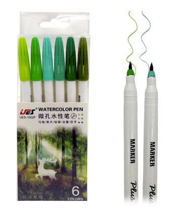 Набор линеров WATERCOLOR PEN зеленые оттенки 6 шт