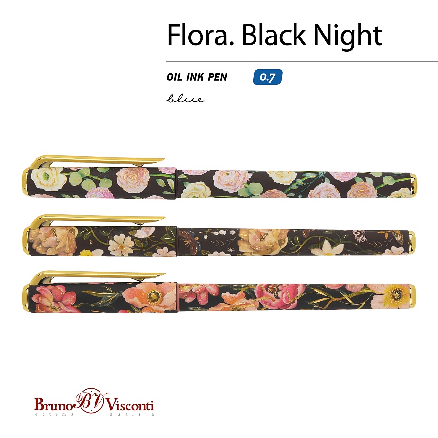 Шариковая ручка BRUNO VISCONTI Flora Black Night масляная, синяя, 0,7 мм