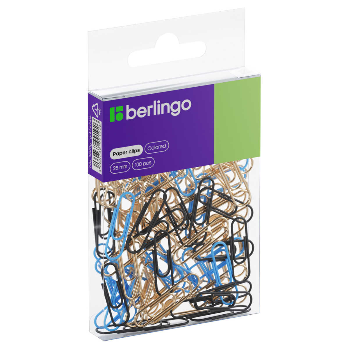 Скрепки BERLINGO 28 мм, 100 шт, голубой+золотой