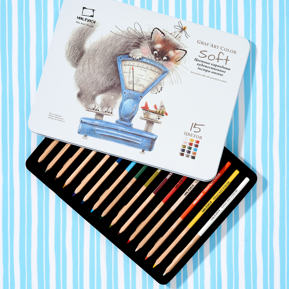 Набор карандашей МАЛЕВИЧЪ Graf Art Soft 15 цветов, металлическая коробка